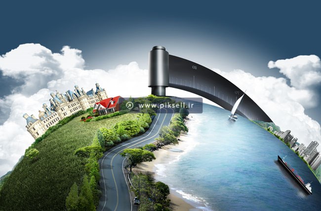 فایل psd لایه باز با طرح کره زمین و شهر دریایی و جنگلی