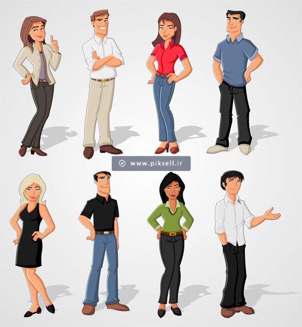 فایل وکتوری لایه باز مجموعه کاراکترهای مرد و زن در حالت ایستاده