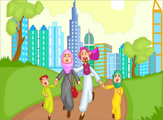 وکتور بکگراند کارتونی با طرح خانواده شاد مسلمان دست در دست یکدیگر
