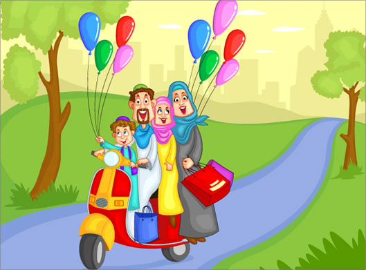 وکتور لایه باز پس زمینه کارتونی خانواده شاد سوار بر موتور در طبیعت