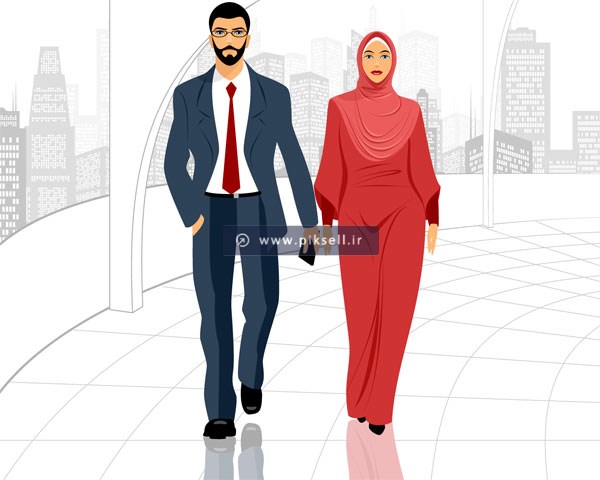 دانلود وکتور لایه باز زن و مرد مسلمان در شهر