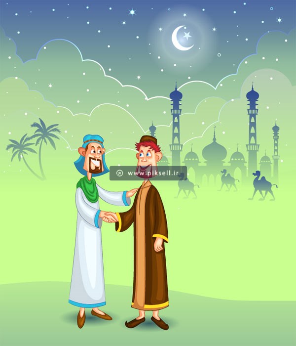 دانلود بکگراند کارتونی دو مرد عرب (مسلمان) در کنار مسجد