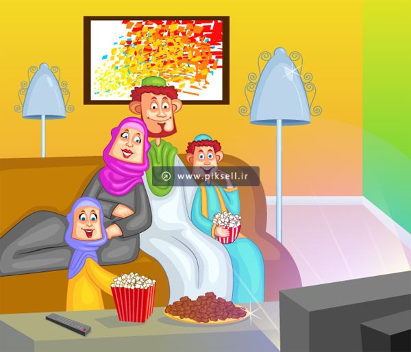 وکتور پس زمینه کارتوین خانواده مسلمان شاد در کنار یکدیگر
