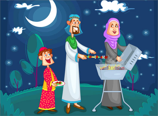 وکتور لایه باز با طرح خانواده شاد مسلمان در حال پختن کباب