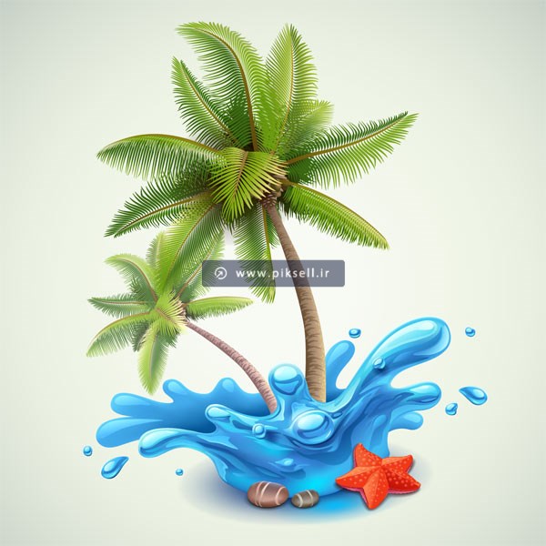 دانلود وکتور لایه باز گرافیکی و کارتونی با طرح آب و درخت نارگیل