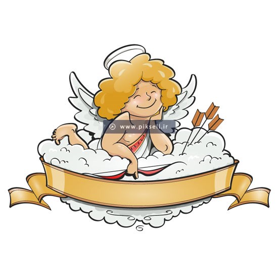 فایل وکتور لایه باز با طرح فرشته کوچولو در ابرها و روبان طلایی