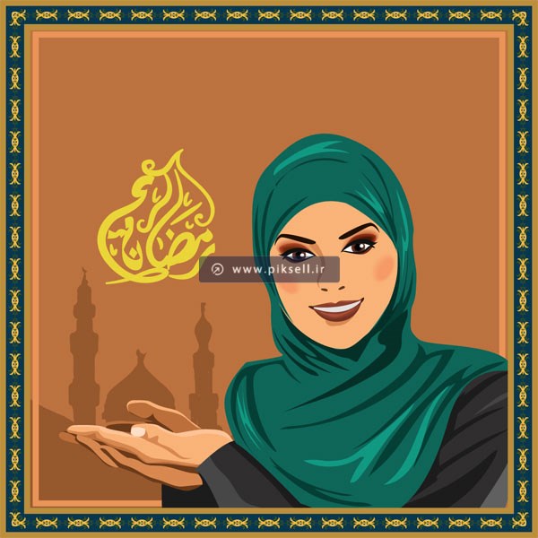 وکتور پس زمینه کارتونی با طرح ماه رمضان و دختر محجبه