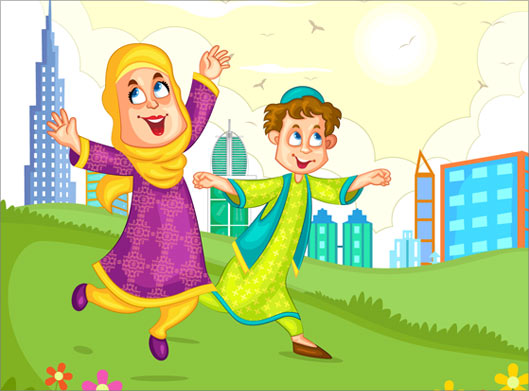 وکتور لایه باز گرافیکی با طرح دختر و پسر مسلمان شاد