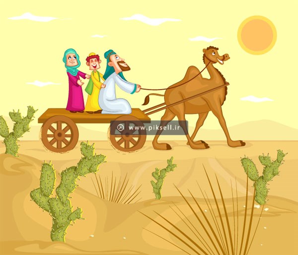 وکتور لایه باز پس زمینه کارتونی با طرح خانواده عرب در حال سواری با شتر