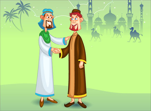 دانلود بکگراند کارتونی دو مرد عرب (مسلمان) در کنار مسجد