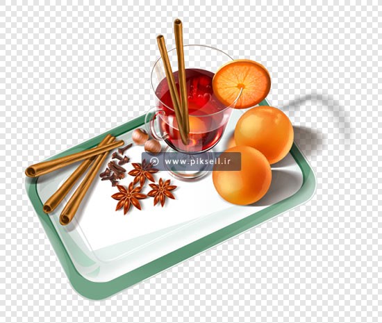 تصویر دوربری شده سینی ، فنجان چایی و پرتقال با پسوند png