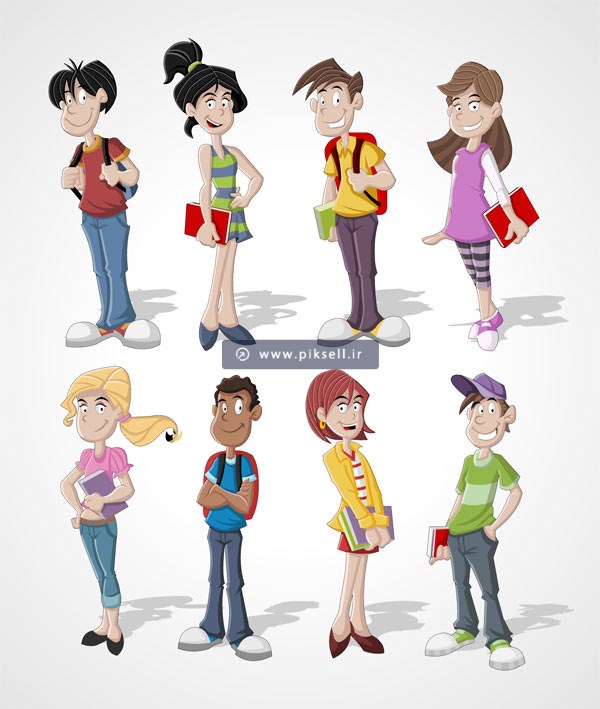 فایل وکتور لایه باز مجموعه کاراکترهای دانش آموز یا دانشجوی دختر و پسر