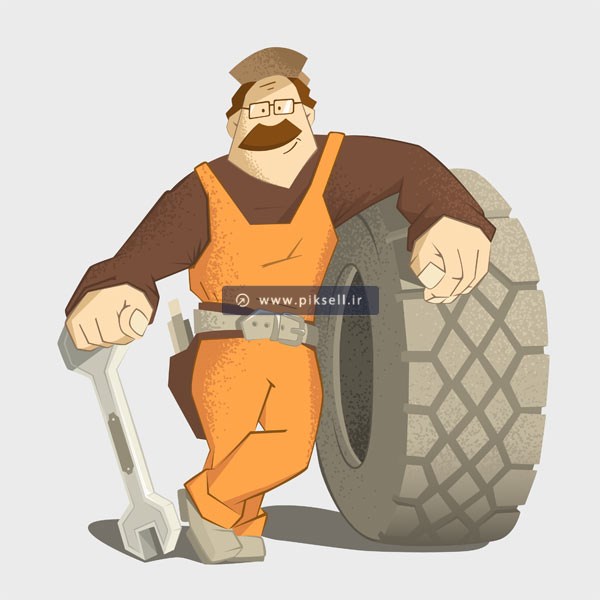 وکتور لایه باز با طرح کاراکتر کارتونی مرد تعمیرکار آچار به دست و تایر بزرگ