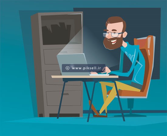 وکتور کارتونی با طرح فریلنسر و مرد در حال کار با لپ تاپ