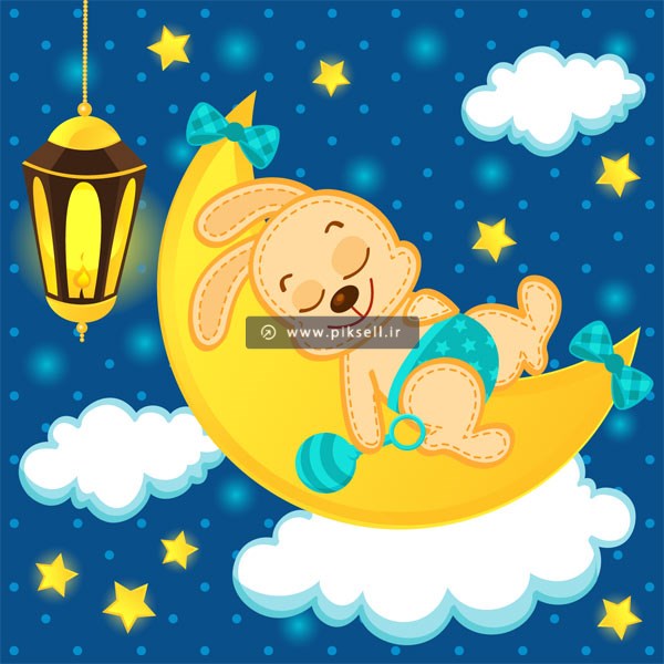 فایل گرافیکی و کارتونی خرگوش کوچولوی خوابیده روی ماه در شب مهتابی