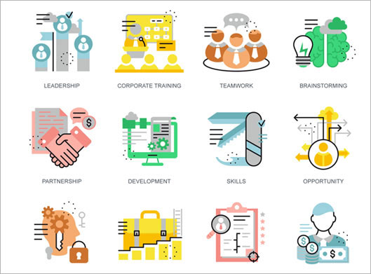 مجموعه آیکون های رنگی با موضوع توسعه شرکت یا corporate development
