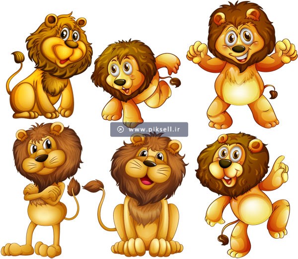 وکتور لایه باز مجموعه کاراکترهای کارتونی شیر جنگل