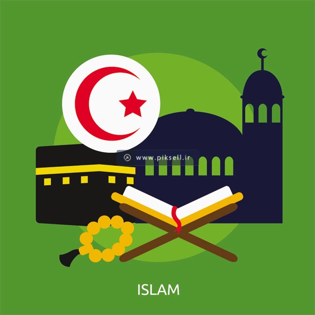 طرح کارتونی مسجد ، هلال ماه ، خانه خدا ، تسبیح و قرآن