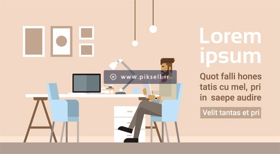 وکتور بنر با طرح کارتونی فریلنسر و کارمند در پشت میز