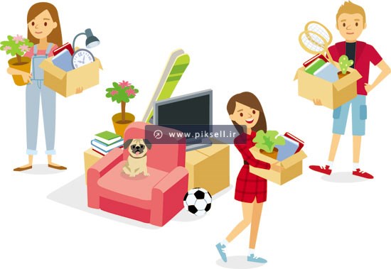 وکتور لایه باز کاراکترهای کارتونی حمل وسایل خانه یا اسباب کشی