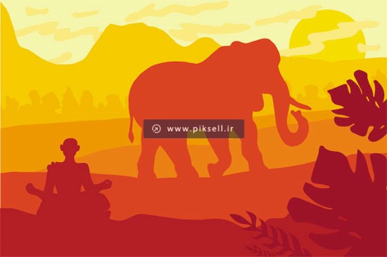 وکتور پس زمینه جنگل آفریقایی و فیل در غروب آفتاب
