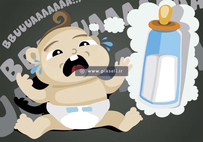 دانلود وکتور بکگراند کارتونی با طرح نوزاد در حال گریه کردن و شیشه شیر