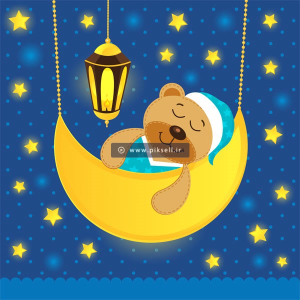 بکگراند کارتونی با طرح خوابیدن خرس قهوه ای روی ماه و چراغ فانوسی