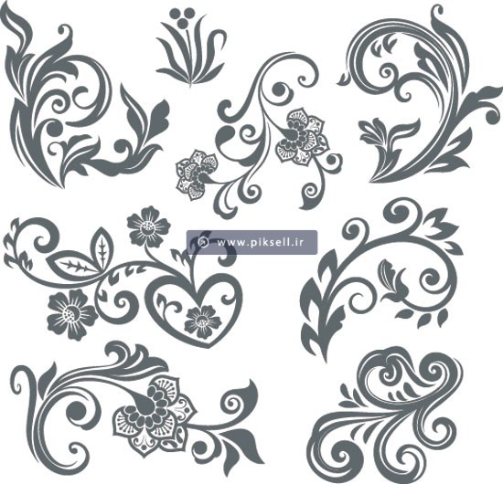 مجموعه طرح های گل و بوته ای و swirl سیاه
