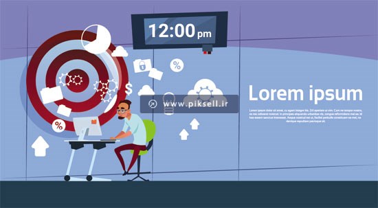 وکتور با طرح کارتونی مردی در حال کار با لپ تاپ و هدف