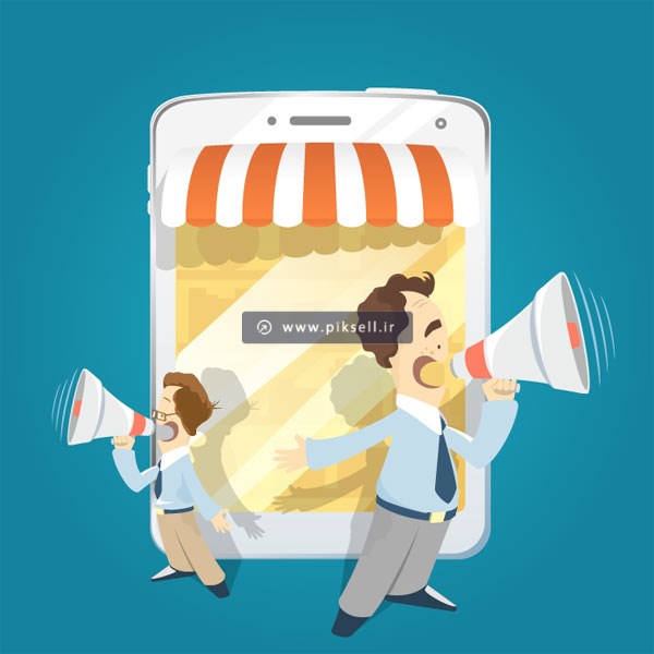 دانلود وکتور مردان تبلیغچی در حال تبلیغ فروشگاه و مارکت آنلاین