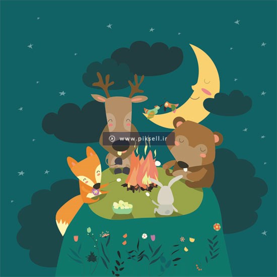 وکتور کارتونی با طرح حیوانات جنگل نشسته دور آتش در شب مهتابی