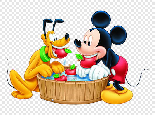 فایل png دوربری شده میکی موس و سگ و سطل چوبی پر از آب