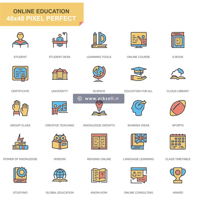 دانلود وکتور مجموعه آیکون های رنگی با موضوع آموزش و پرورش و Education