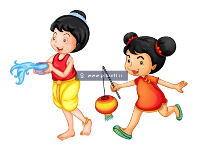 دانلود وکتور لایه باز کاراکتر کارتونی دختر کوچولوهای چینی در حال بازی