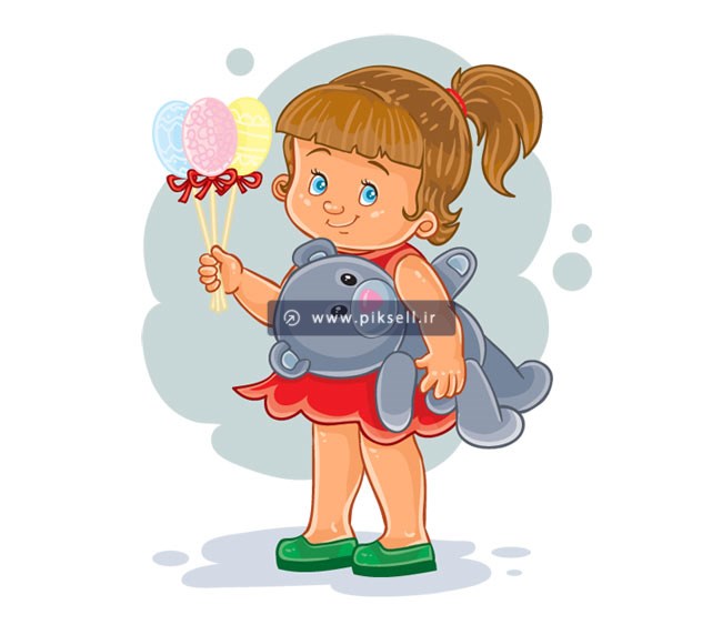 دانلود وکتور لایه باز با طرح دختر بچه با بادکنک و خرس عروسکی