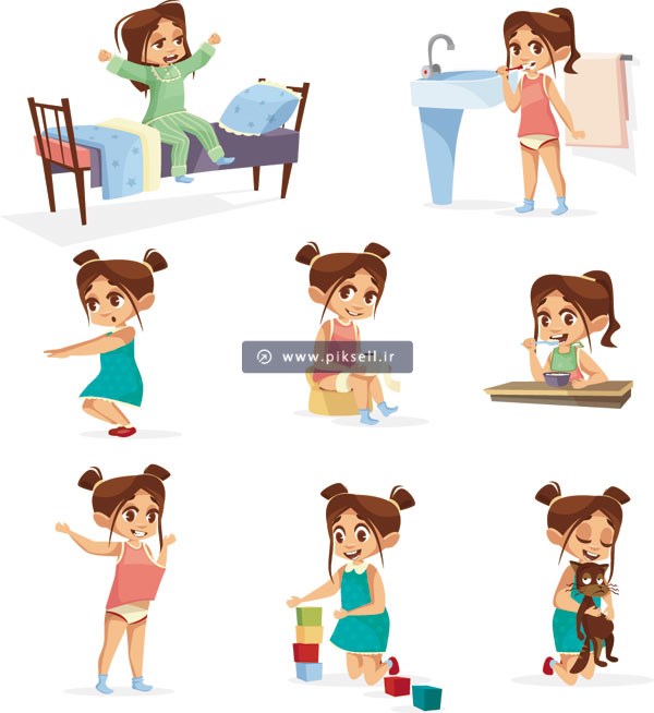 دانلود وکتور مجموعه کاراکترهای کارتونی دختر در حالات مختلف