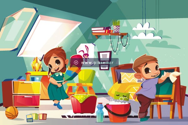 وکتور بکگراند کارتونی بچه ها در حال تمیزکاری کلاس