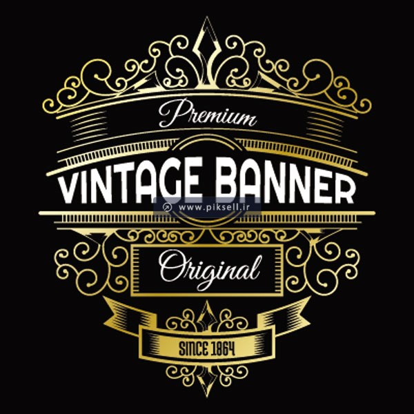 طرح vintage و بنر سنتی سیاه با المان های تزئینی طلایی