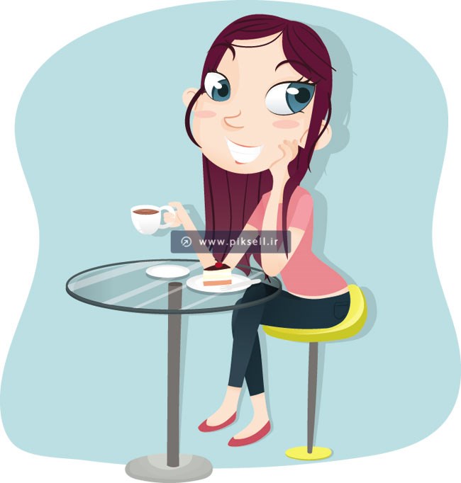 طرح گرافیکی زنی نشسته روی صندلی در حال نوشیدن چایی