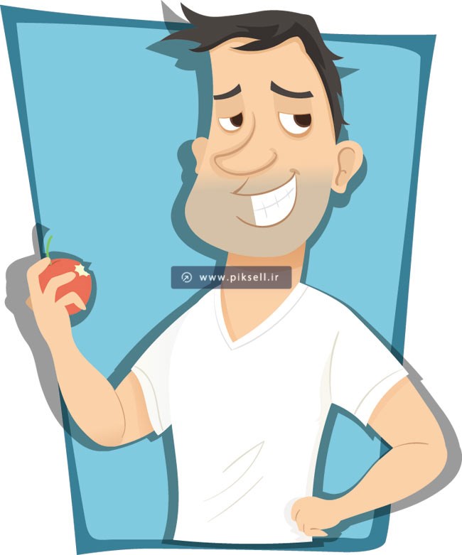 دانلود وکتور کارتونی پسر جوان بدنساز در حال خوردن سیب