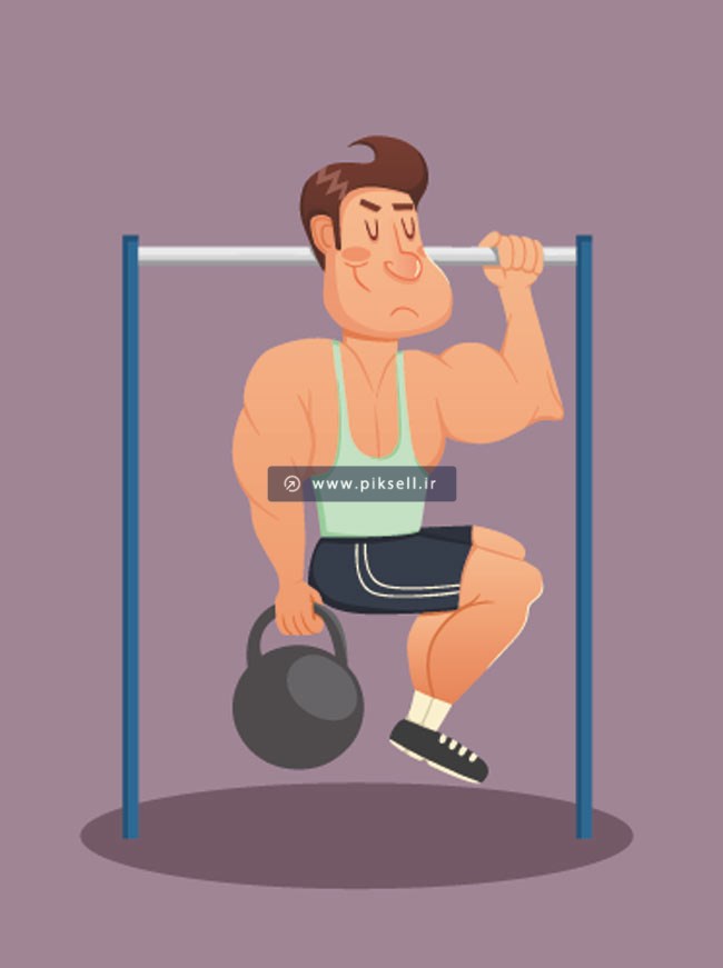 وکتور لایه باز کاراکتر کارتونی مرد بدنساز در حال بارفیکس با دمبل