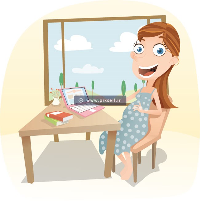 دانلود وکتور کارتونی زن باردار در حال کار با لپ تاپ در خانه
