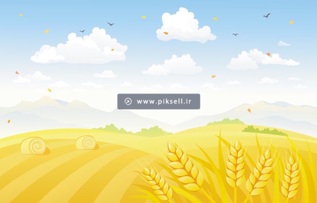طرح گرافیکی و کارتونی مزرعه گندم و جو و روستا
