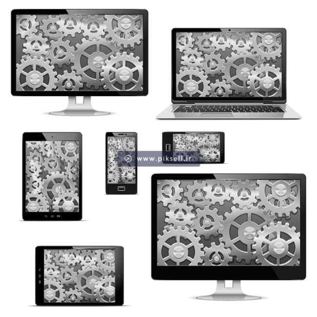 دانلود وکتور لایه باز مجموعه تبلت و مانیتور با صفحه چرخدنده