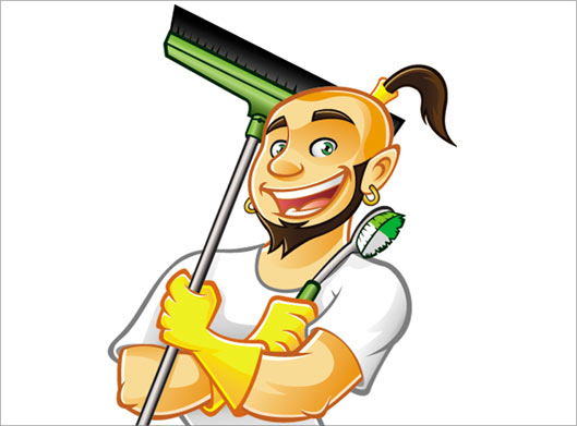 شخصیت کارتونی غول چراغ جادو و جارو و وسایل تمیزکاری در دست