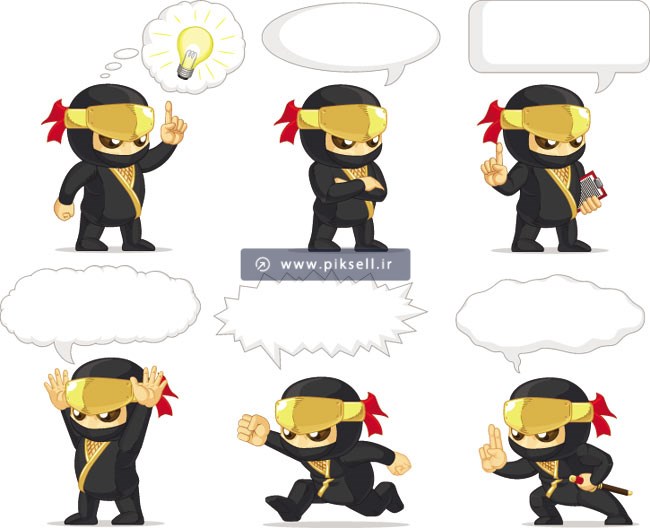 فایل گرافیکی مجموعه 6 حالت متنوع از کاراکتر مرد سیاهپوش رزمی کار