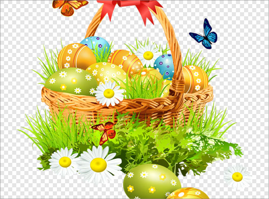 فایل png ترانسپرنت و دوربری شده سبد ، سبزه و تخم مرغ های رنگی