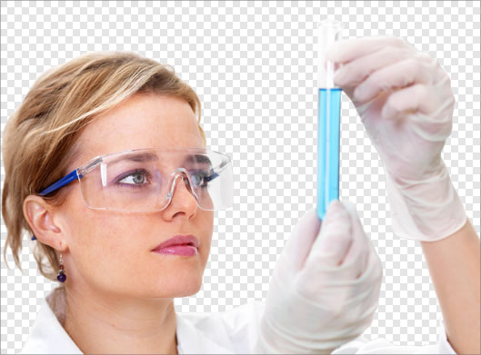 فایل png زن در حال آزمایش روی لوله آزمایش در آزمایشگاه