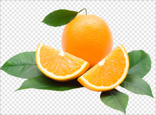 فایل ترانسپرنت و png پرتقال های قاچ شده روی برگ سبز