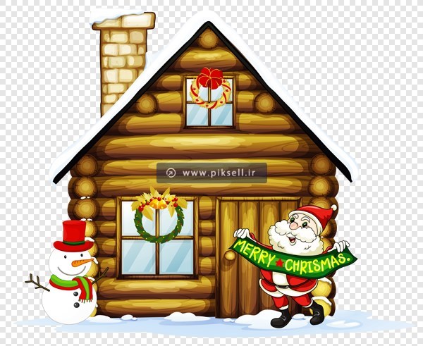 فایل png دوربری شده و ترانسپرنت خانه چوبی و بابانوئل و آدم برفی